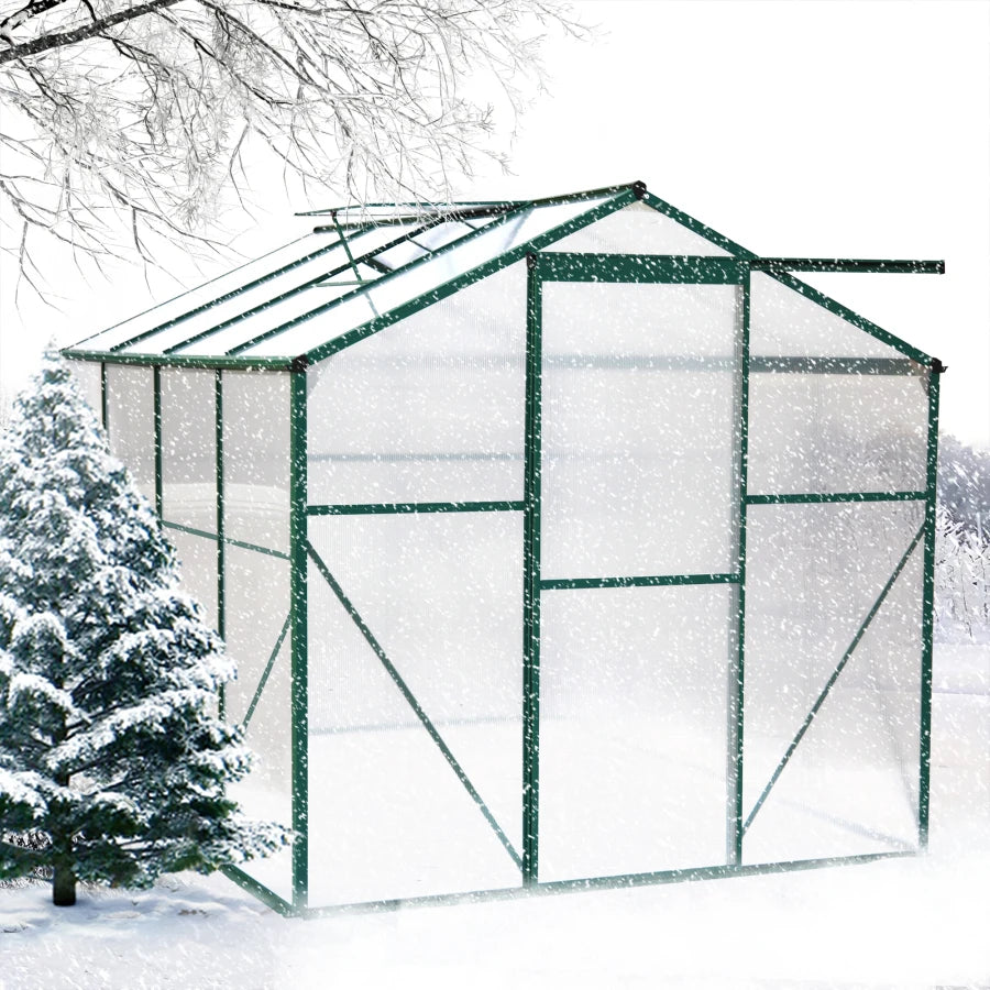 Outdoor Patio Greenhouse, Walk-in Polycarbonate Greenhouse with 2 Windows and Base,Aluminum Greenhouse with Sliding Door Green ShopOnlyDeal