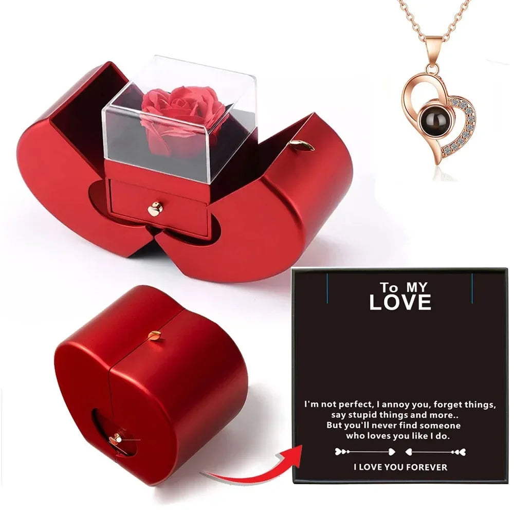 Christmas Gift Red Apple Jewelry Box Necklace with Eternal Rose - Perfect for Girls, Mother's Day, New Year, Valentine's Day Gifts 🍎💖🎁 ShopOnlyDeal