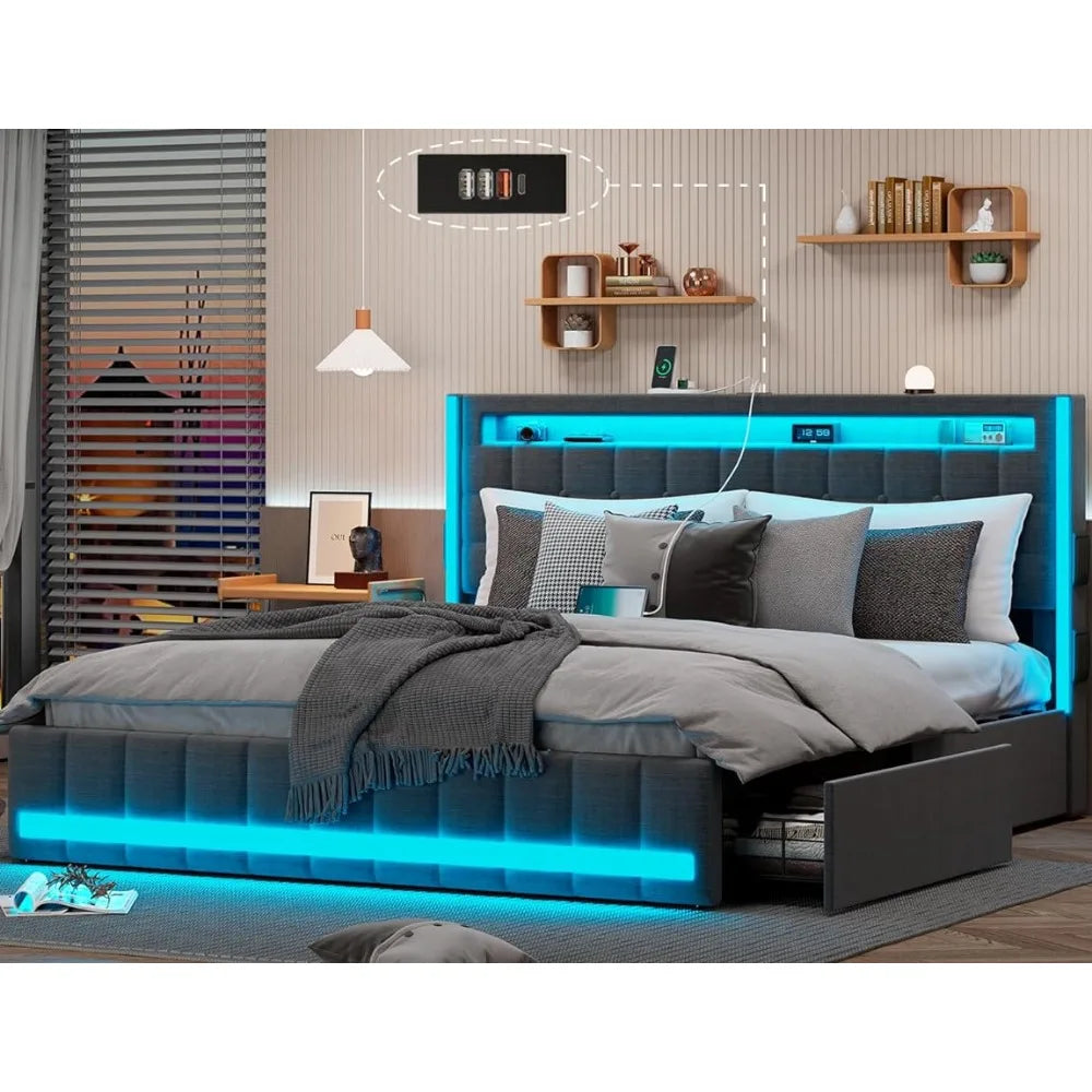 Queen Bed Frame with Storage Drawers, RGB LEDs, Charging Station, Adjustable Headboard - Dark Gray ShopOnlyDeal