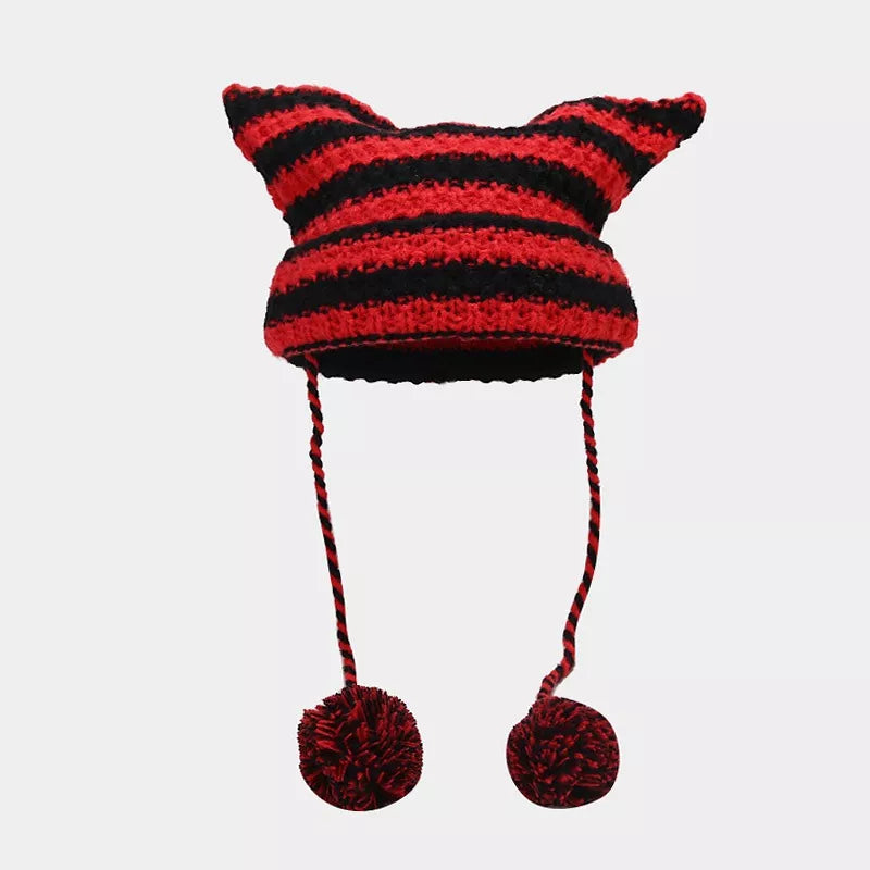 Japanese Streetwear Harajuku Beanie Little Devil Striped Knitted Hat Women Girls Autumn Winter Cute Cat Ears Cap ShopOnlyDeal