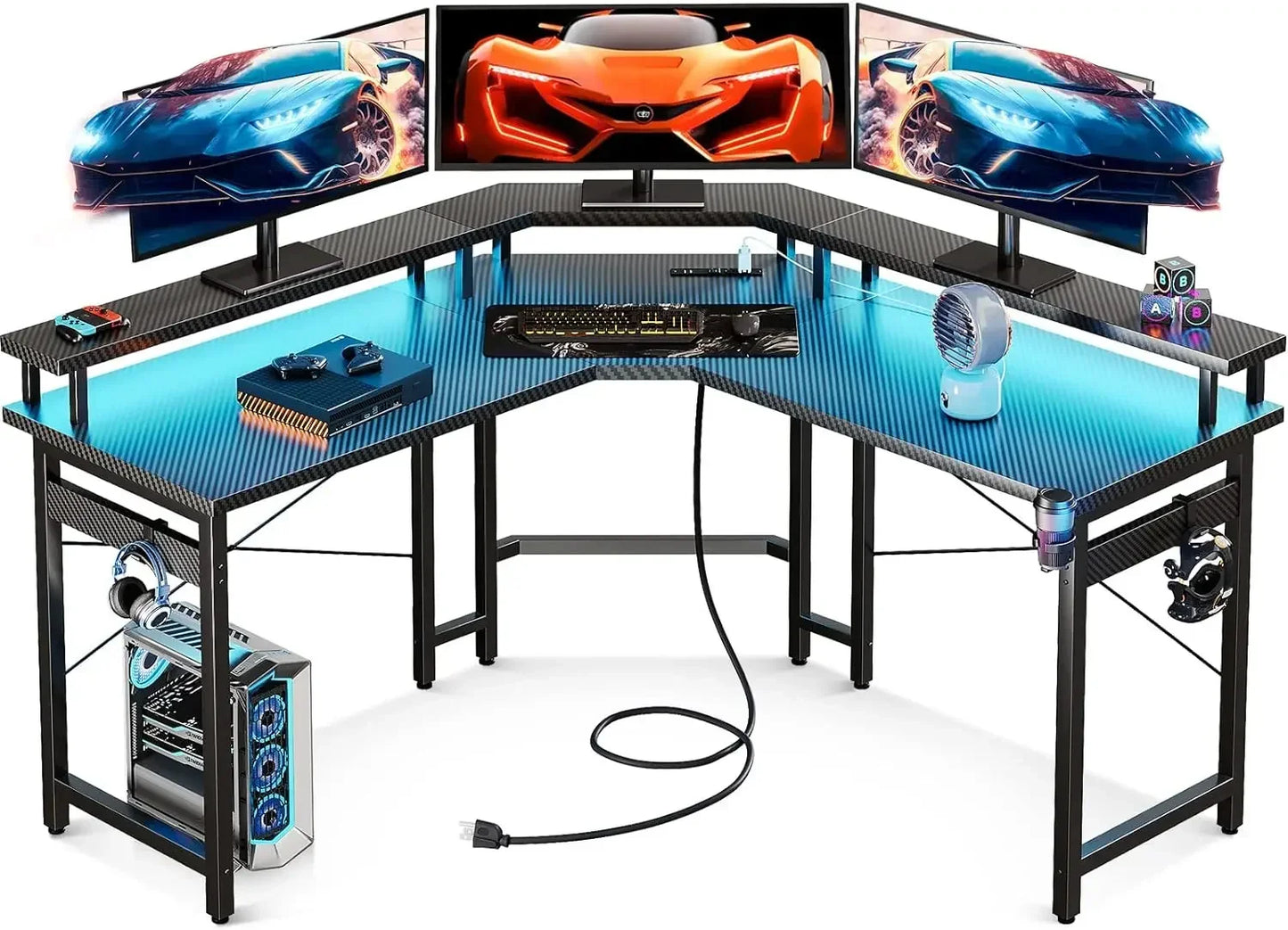 L Shaped Gaming Desk with LED Lights & Power Outlets, 51" Computer Desk with Full Monitor Stand, Corner Desk with Cup Holder ShopOnlyDeal