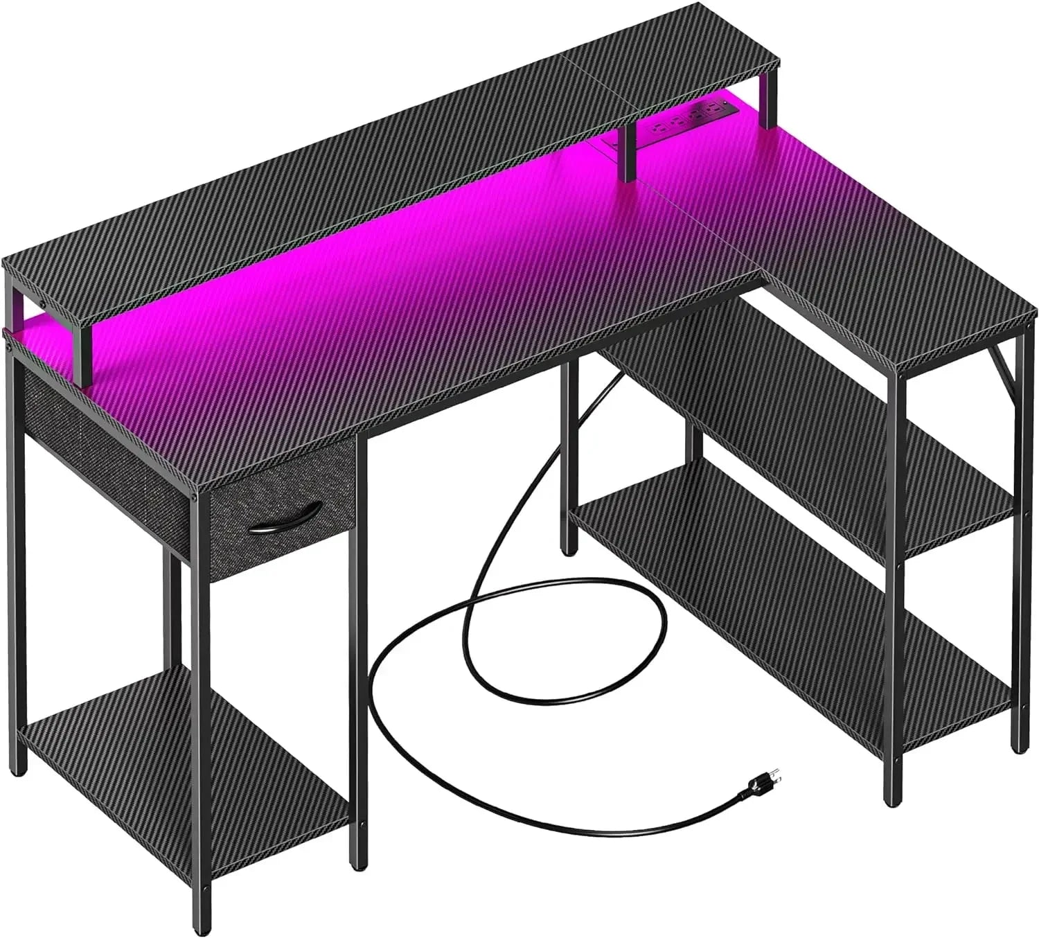 Ultimate Gaming and Workspace Fusion: L Shaped Gaming Desk with LED Lights, Power Outlets, Shelves, and Reversible Design - Your Versatile Home Office and Gaming Command Center ShopOnlyDeal