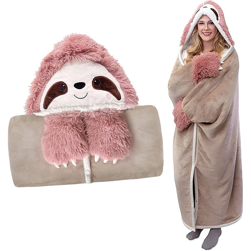 Cartoon Cute Sloth Wearable Hooded Blanket Shirt with Gloves Lambswool Soft and Comfortable Home TV Blanket ShopOnlyDeal