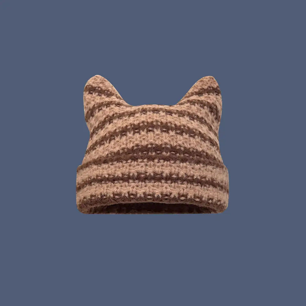 Devil Hat Y2K Crochet Stripe Pattern Cat Ear Hat Handmade Soft Winter Warmer Knitted Hat Cold Winter Presents for Students Teenagers ShopOnlyDeal