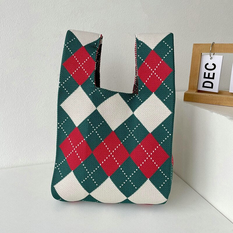 Korean Knit Handbag Women Wrist Bag Casual Wide Stripe Plaid Tote Bag Foldable Eco Shopping Bag Reusable Grocery Storage Bag ShopOnlyDeal