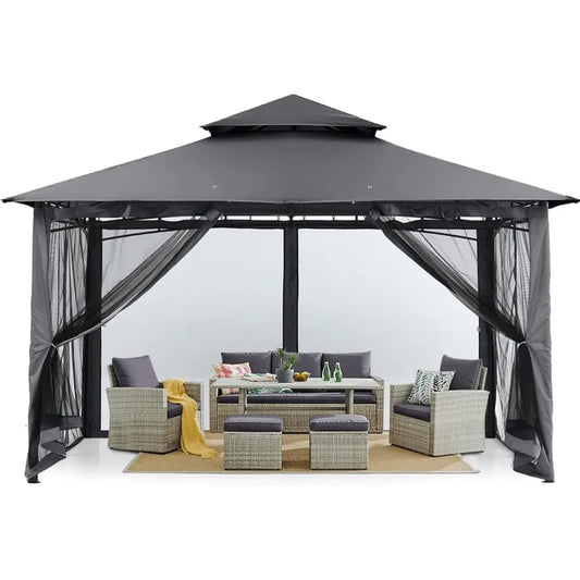 Outdoor Garden Gazebo for Patios With Stable Steel Frame and Netting Walls (10x12 Canopy Tent Dark Gray) Camping Awnings Folding ShopOnlyDeal