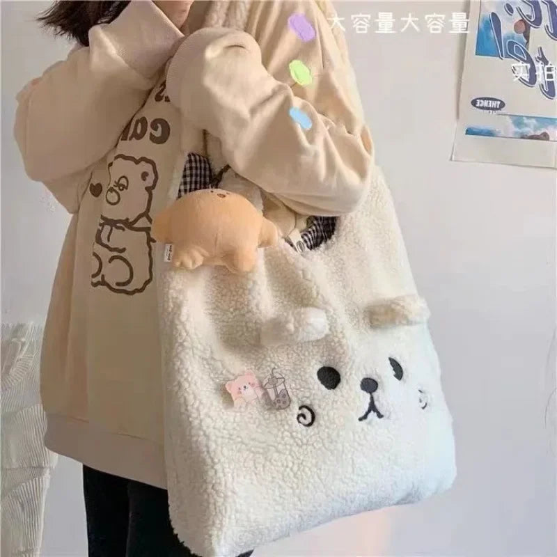 New Winter Soft Plush Tote Bag | Women's Cartoon Embroidery | Imitation Lamb Hair Shoulder Bag | Shopper Bag | No Pendant ShopOnlyDeal