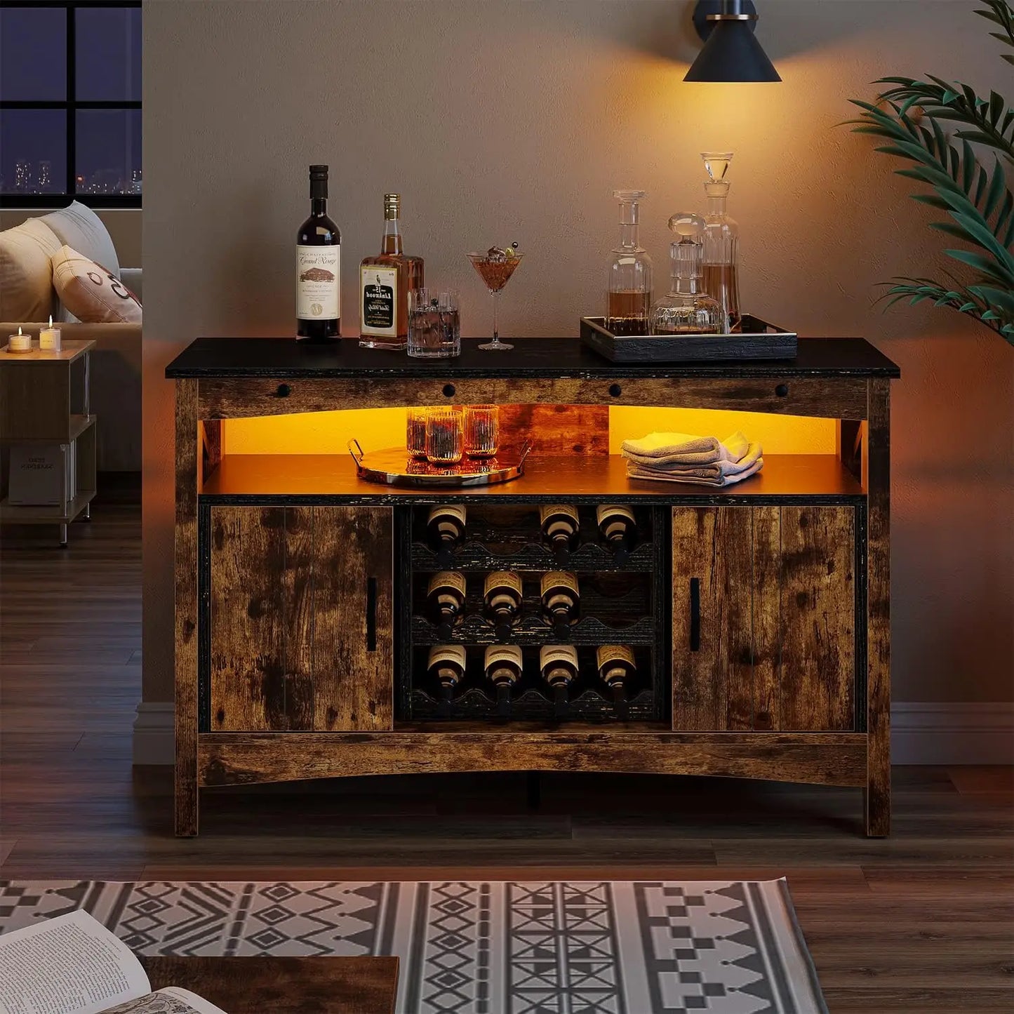 Wine Bar Cabinet with Detachable Wine Rack Insert, Farmhouse Coffee Bar Sideboard with LED Lights,Wood Entryway Console ShopOnlyDeal