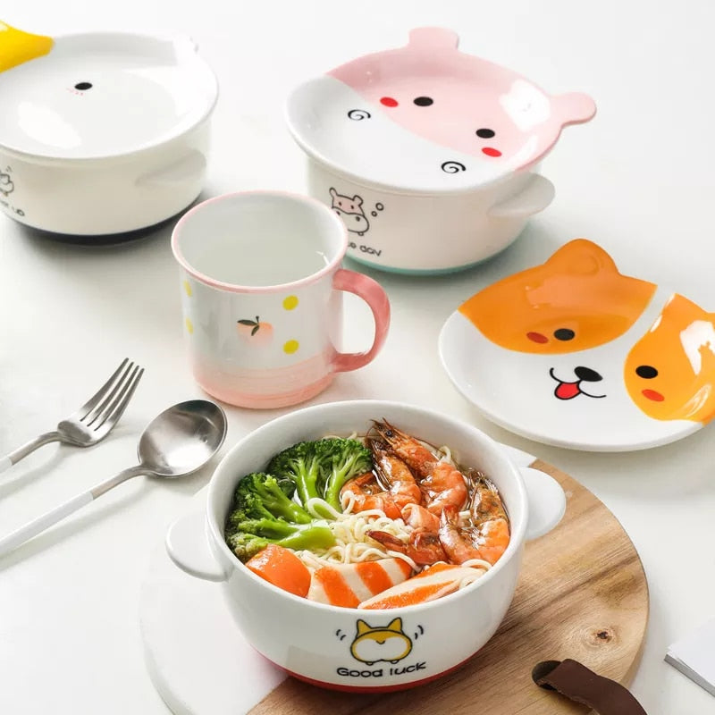 Ceramic Ramen Bowl with Lid Cute Instant Noodle Bowl Salad Rice Bowls Animal Kawaii Baby Bowl Child Cartoon Kitchen Tableware ShopOnlyDeal