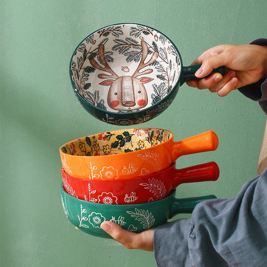 Ceramic Bowl Single Handle Noodle Bowl Forest Animal Design Large Bowl Creative Restaurant Household Flower Bowl Home Decoration ShopOnlyDeal