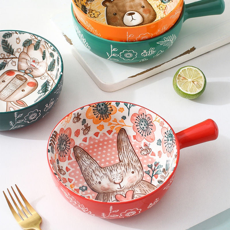 Ceramic Bowl Single Handle Noodle Bowl Forest Animal Design Large Bowl Creative Restaurant Household Flower Bowl Home Decoration ShopOnlyDeal