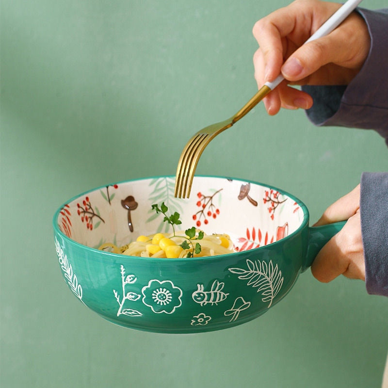 Ceramic Bowl Single Handle Noodle Bowl Forest Animal Design Large Bowl Creative Restaurant Household Flower Bowl Home Decoration ShopOnlyDeal