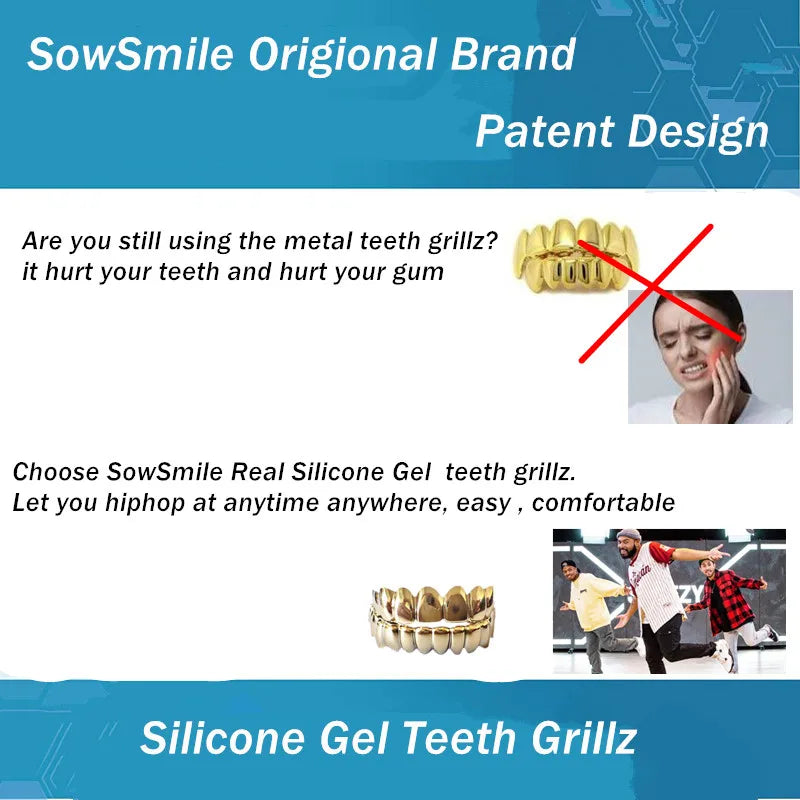 SowSmile Hiphop Gold Silver Real Silicone Gel Snap on Dental False Cover Perfect Smile Veneers Denture Braces Teeth Grillz HQT Super Store