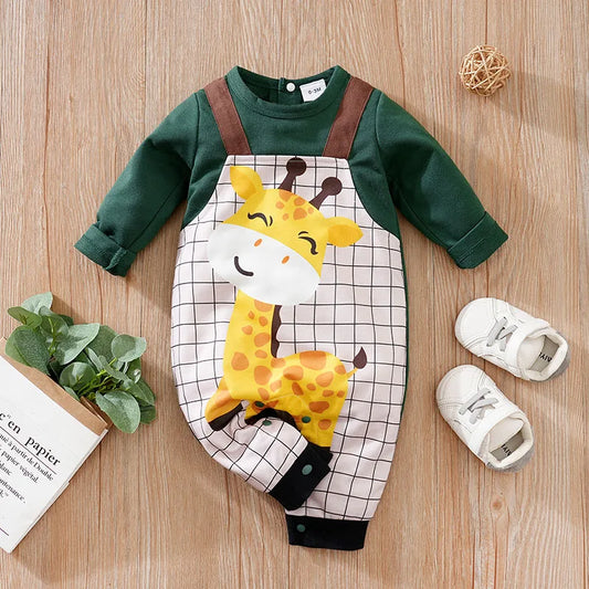 Spring And Autumn Boys And Girls Cute Cartoon Giraffe Printed False Strap Long Sleeve Baby Bodysuit ShopOnlyDeal