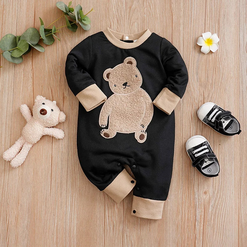 Spring And Autumn Boys And Girls Cute Cartoon Teddy Bear Short Plush Embroidered Long Sleeve Baby Bodysuit ShopOnlyDeal