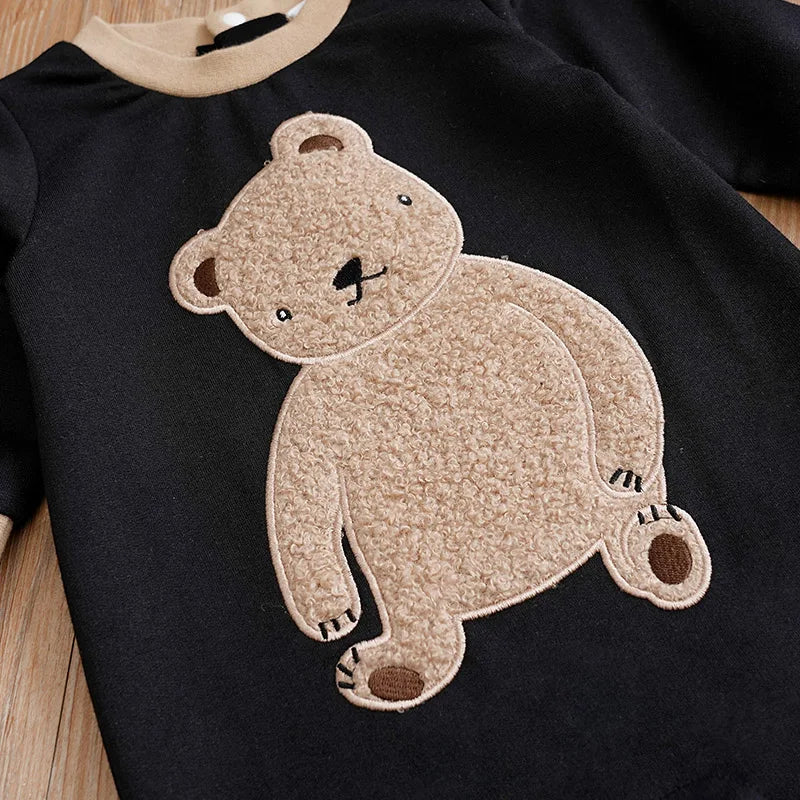 Spring And Autumn Boys And Girls Cute Cartoon Teddy Bear Short Plush Embroidered Long Sleeve Baby Bodysuit ShopOnlyDeal