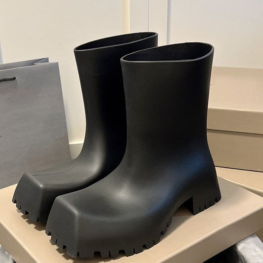 Square Toe Rain Boots and Women's Daily All-match Mid-tube Boots Thick Bottom Increased Fashion Waterproof Non-slip Water Shoes Uptrends