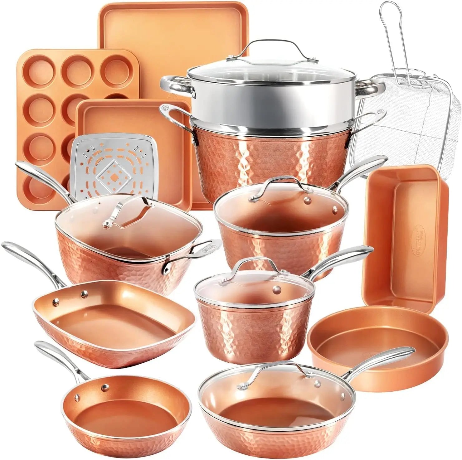 Steel Hammered Copper Collection – 20 Piece Premium Pots and Pans Set Nonstick Ceramic Cookware + Bakeware Set for Kitche Homely Accents Store