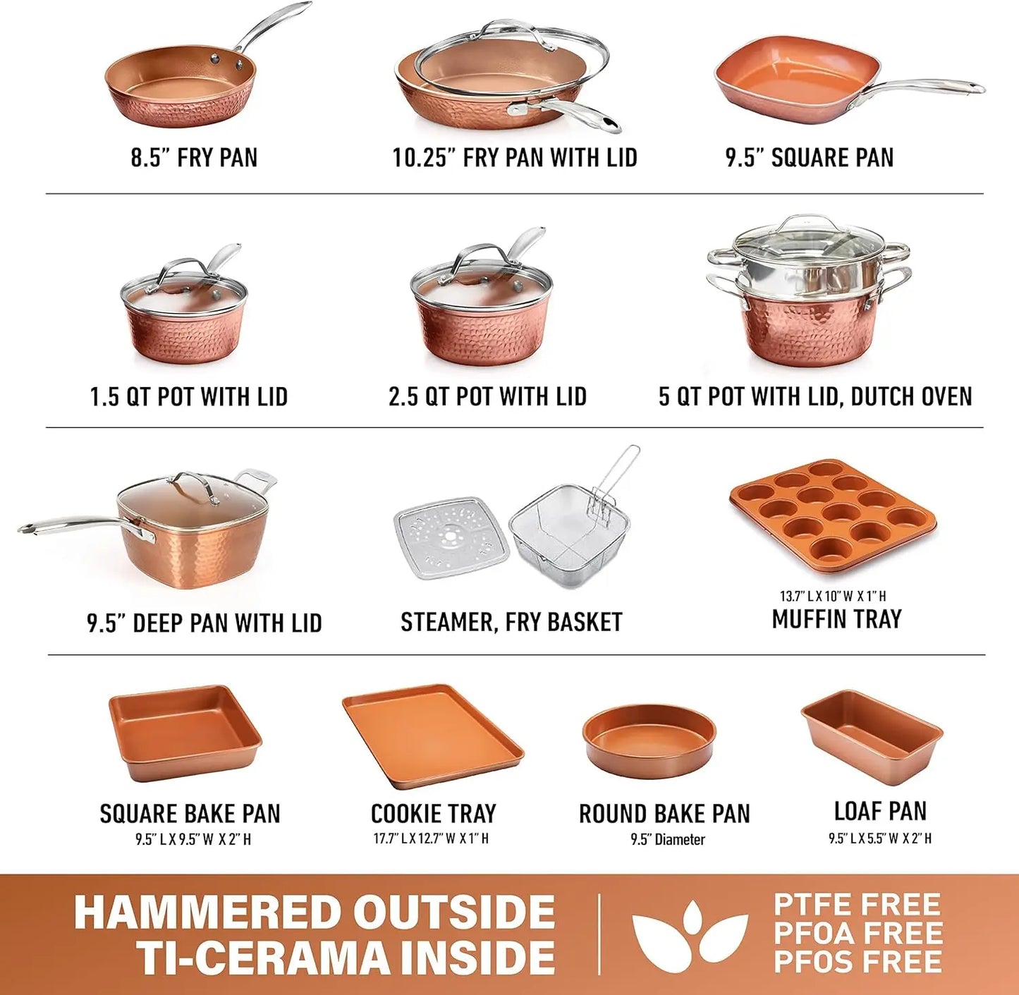Steel Hammered Copper Collection – 20 Piece Premium Pots and Pans Set Nonstick Ceramic Cookware + Bakeware Set for Kitche Homely Accents Store