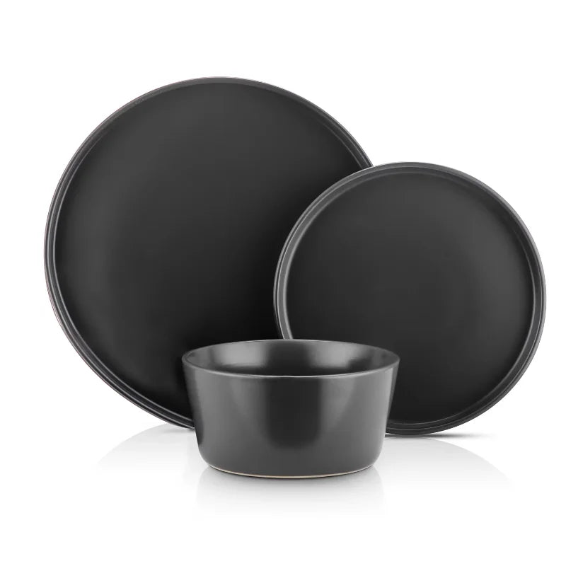 Black Dinnerware Set Stone Lain Cecile Stoneware 12-Piece Round , RB, Black ShopOnlyDeal