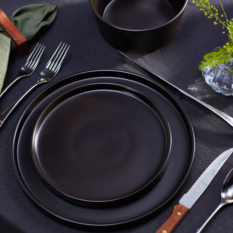 Black Dinnerware Set Stone Lain Cecile Stoneware 12-Piece Round , RB, Black ShopOnlyDeal