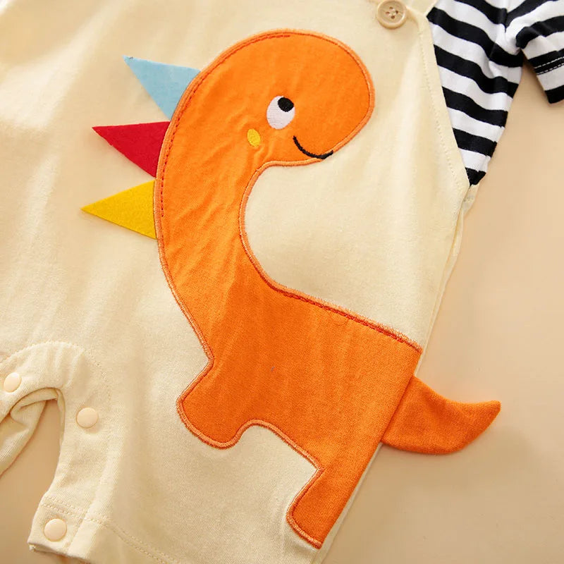 Summer Boys and Girls Cartoon Dinosaur Embroidery 3D Design Strap Splice All Cotton Short Sleeve Baby Clothing Bodysuit ShopOnlyDeal