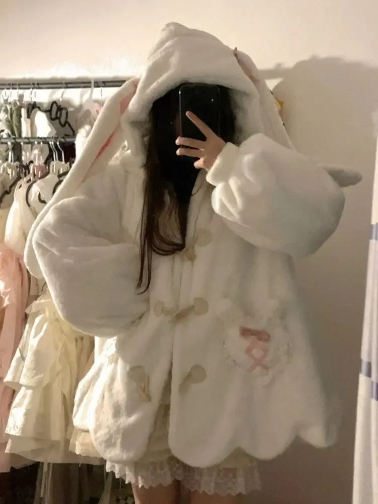 Kawaii Sweatshirt With Long Ears Thick Velvet and Furry Cotton-padded Jacket Streetwear Cute Bunny Ears Lambswool Hoodie Jacket for Women Kawaii Y2k ShopOnlyDeal