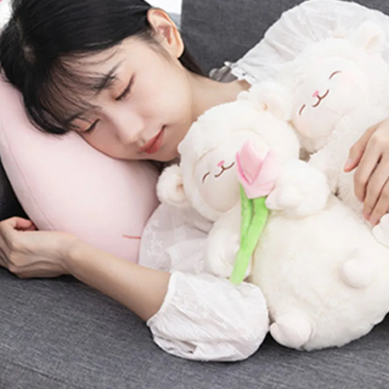 Sweet White Sheep Lam Hold Tulip Flower Plush Doll Soft Stuffed Lamb With Tulip Plushie Toy Cute Gift For Kid Birthday Christmas Trendy Cartoon Plush Toy Store