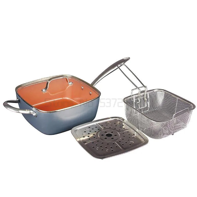 Copper Square Pan Induction Chef w/Glass Lid Fry Basket, Steam Rack 4 Piece Set, 9.5 inches used in induction ShopOnlyDeal