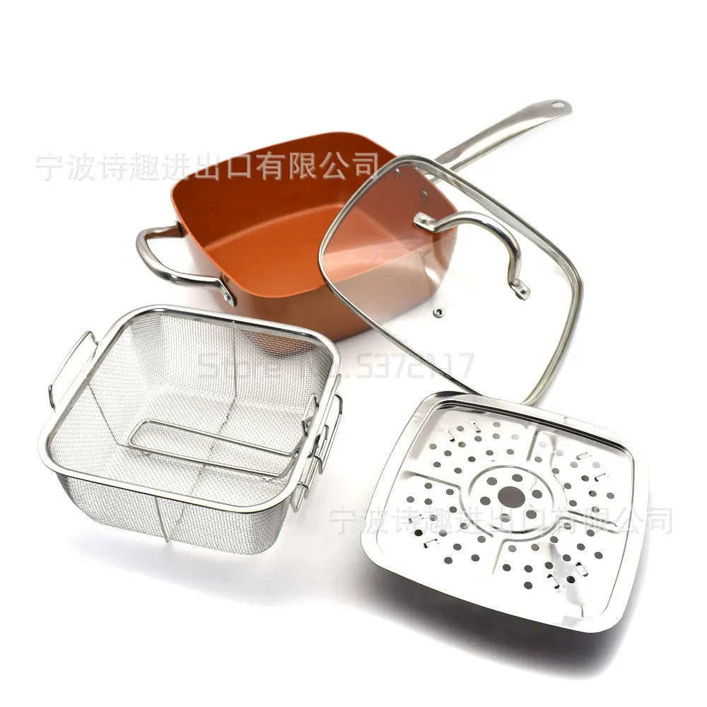 Copper Square Pan Induction Chef w/Glass Lid Fry Basket, Steam Rack 4 Piece Set, 9.5 inches used in induction ShopOnlyDeal