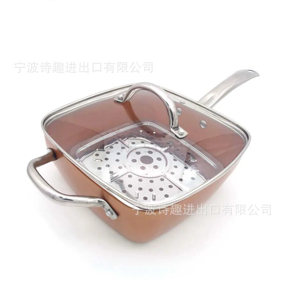 Copper Square Pan Induction Chef w/Glass Lid Fry Basket, Steam Rack 4 Piece Set, 9.5 inches used in induction ShopOnlyDeal