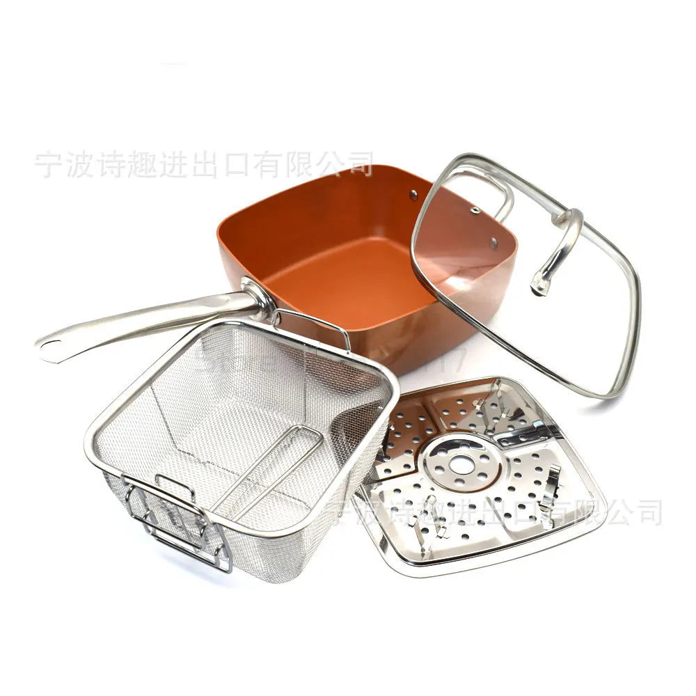 Copper Square Pan Induction Chef Set: Versatile Cookware with Glass Lid, Fry Basket, and Steam Rack ShopOnlyDeal