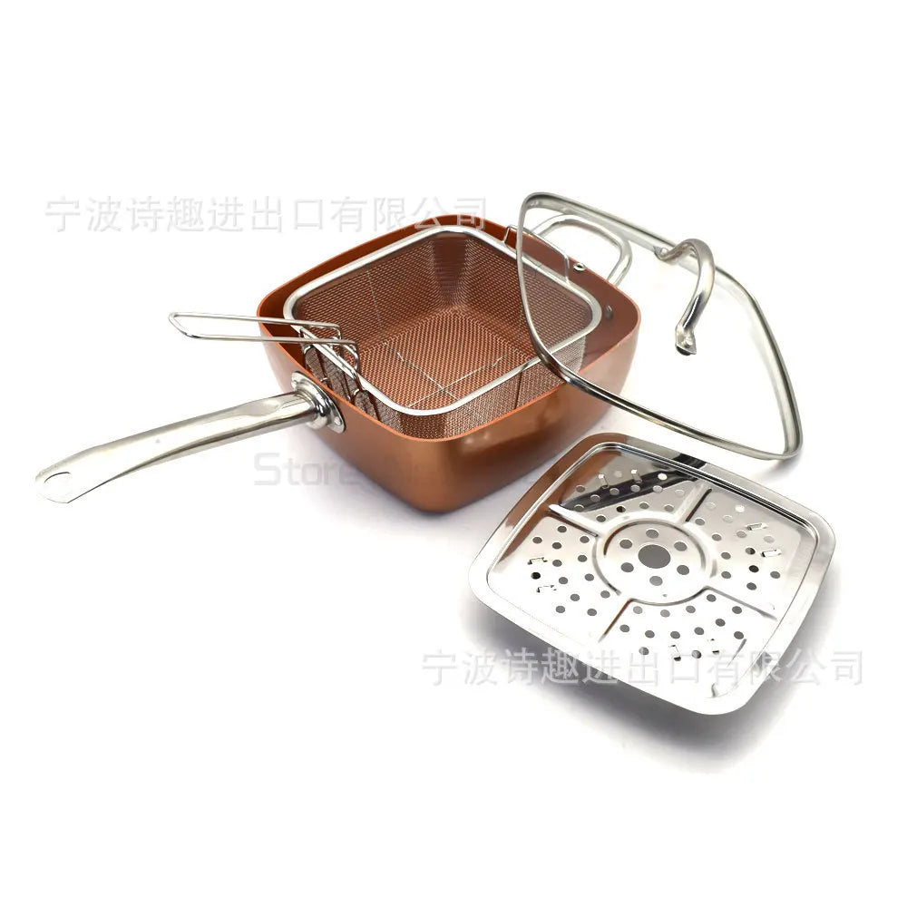 Copper Square Pan Induction Chef Set: Versatile Cookware with Glass Lid, Fry Basket, and Steam Rack ShopOnlyDeal