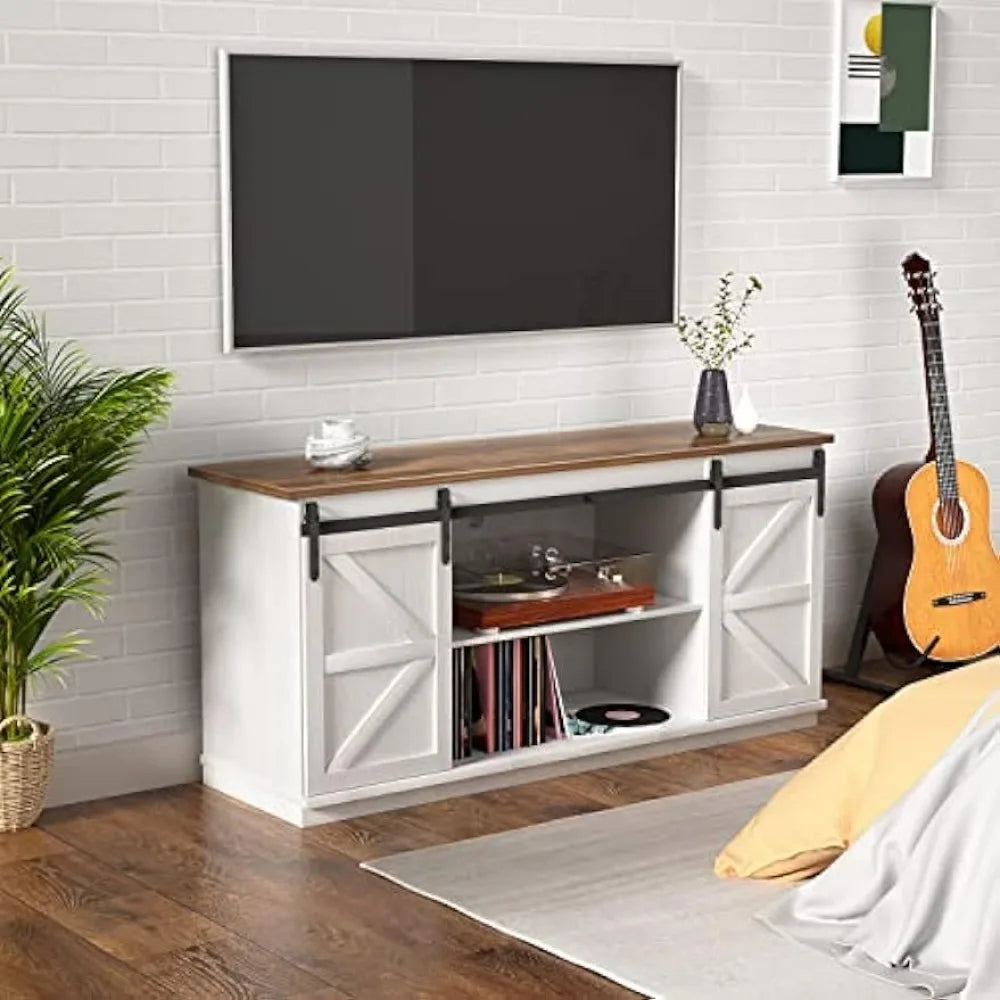 TV Stand Barn Doors and Storage Cabinets, Entertainment Center Console Table, Media Furniture for Living Room, 58 Inch, White ShopOnlyDeal