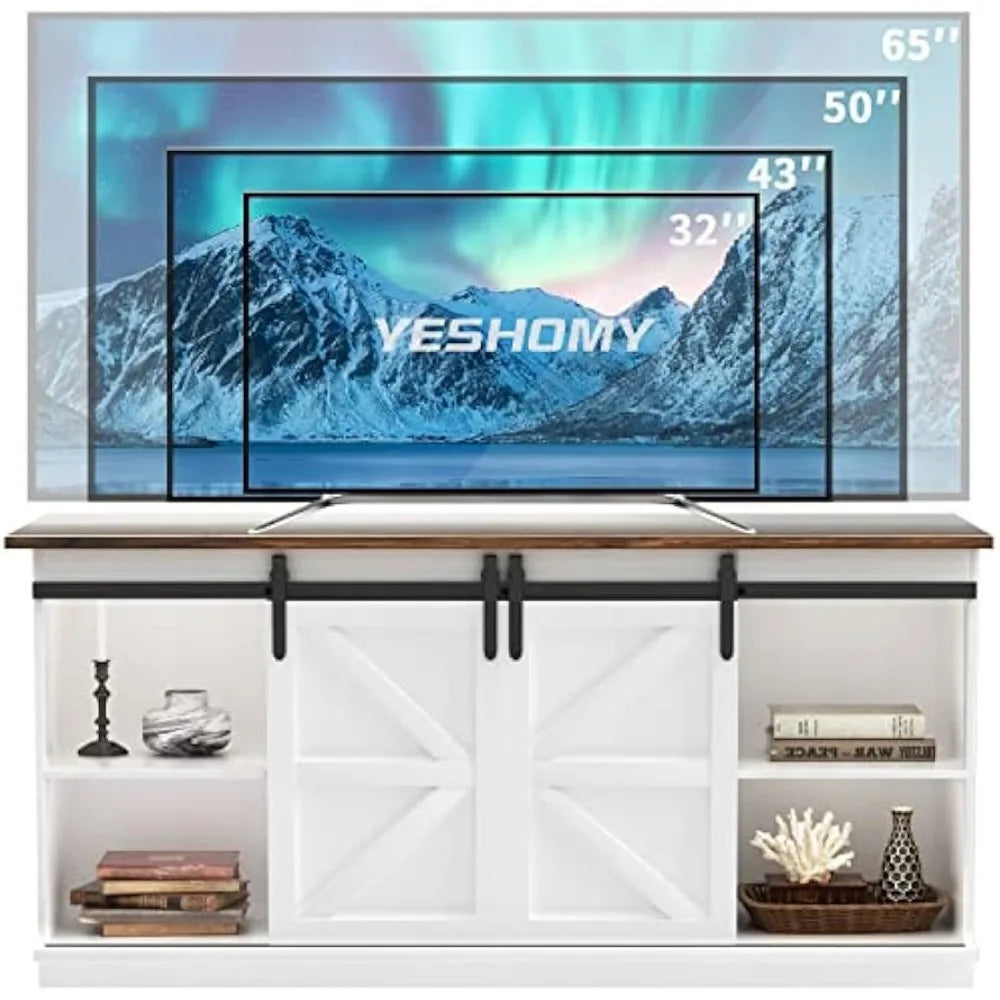 TV Stand Barn Doors and Storage Cabinets, Entertainment Center Console Table, Media Furniture for Living Room, 58 Inch, White ShopOnlyDeal