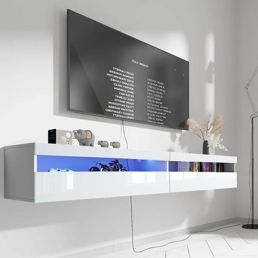 TV Stand With LED Lights, Wall Mounted TV Shelf & Power Outlet, High Gloss TV Cabinet for 65 inch TV (White) ShopOnlyDeal