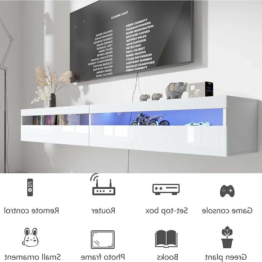 TV Stand With LED Lights, Wall Mounted TV Shelf & Power Outlet, High Gloss TV Cabinet for 65 inch TV (White) ShopOnlyDeal