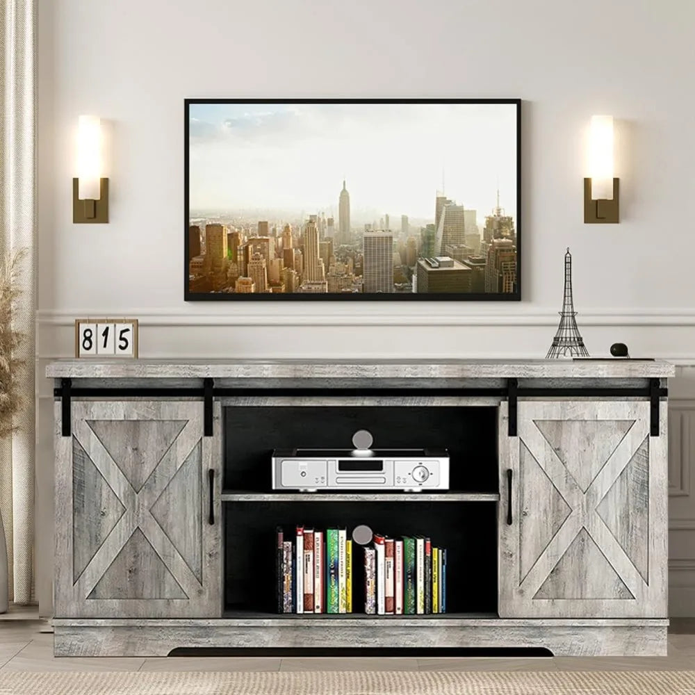 TV Media Console Cabinet, TV Stand for 65 Inch TV Entertainment Center, TV Stand with Storage, Barn Doors and Shelves(Grey) ShopOnlyDeal