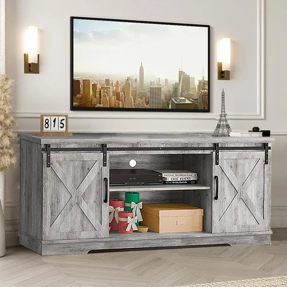 TV Media Console Cabinet, TV Stand for 65 Inch TV Entertainment Center, TV Stand with Storage, Barn Doors and Shelves(Grey) ShopOnlyDeal