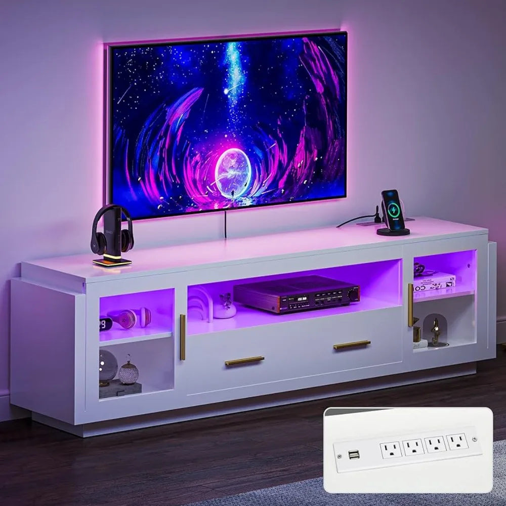 TV Stand for TVs Up to 75” W/LED Power Outlets Living Room Cabinet White & Gold Dressers 70 Inches Modular Furniture Tv Salon ShopOnlyDeal