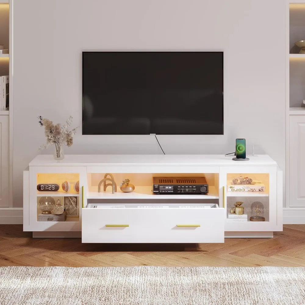 TV Stand for TVs Up to 75” W/LED Power Outlets Living Room Cabinet White & Gold Dressers 70 Inches Modular Furniture Tv Salon ShopOnlyDeal