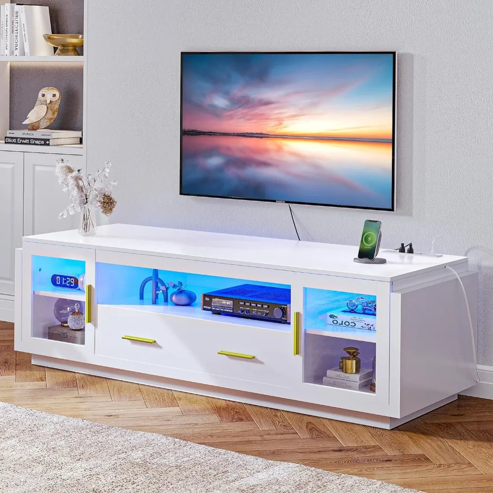 TV Stand for TVs Up to 75” W/LED Power Outlets Living Room Cabinet White & Gold Dressers 70 Inches Modular Furniture Tv Salon ShopOnlyDeal