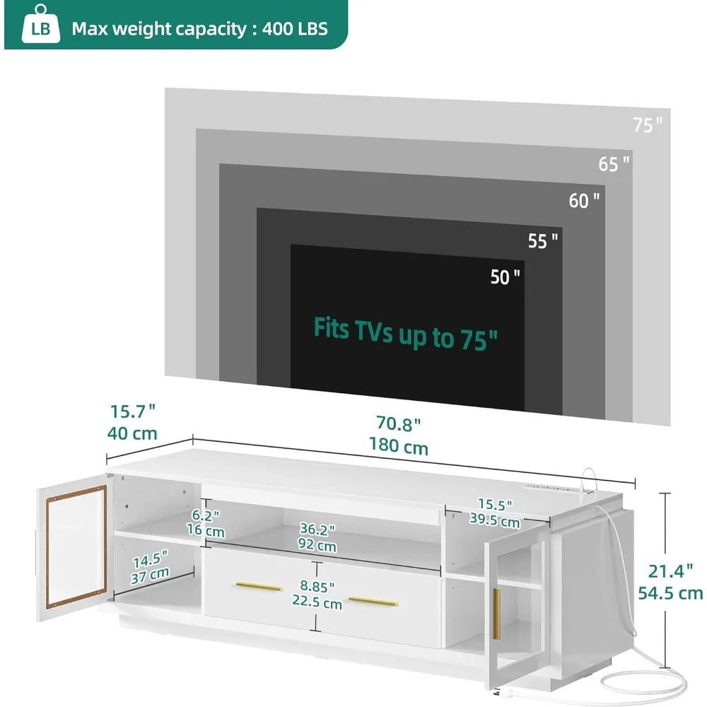 TV Stand for TVs Up to 75” W/LED Power Outlets Living Room Cabinet White & Gold Dressers 70 Inches Modular Furniture Tv Salon ShopOnlyDeal