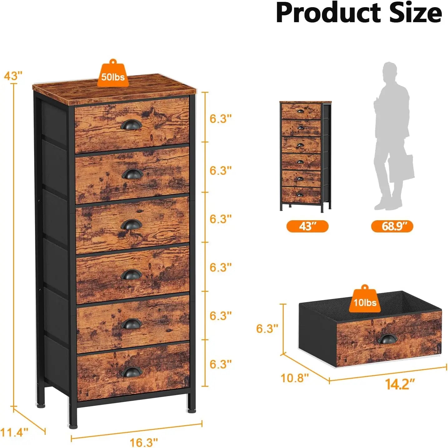 Tall Dresser with 6 Drawers,Vertical End Table and Nightstand for Bedroom,Industrial Bedside Furniture with Fabric Draw HUAN HUI Store