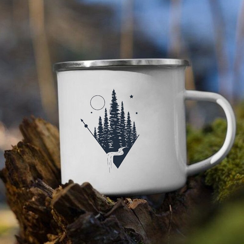 The Mountain Are Waiting Print Enamel Mug Creative Camping Coffee Tea Water Milk Cup Mugs Handle Drinkware Vacation Hiking Gift K222 Store