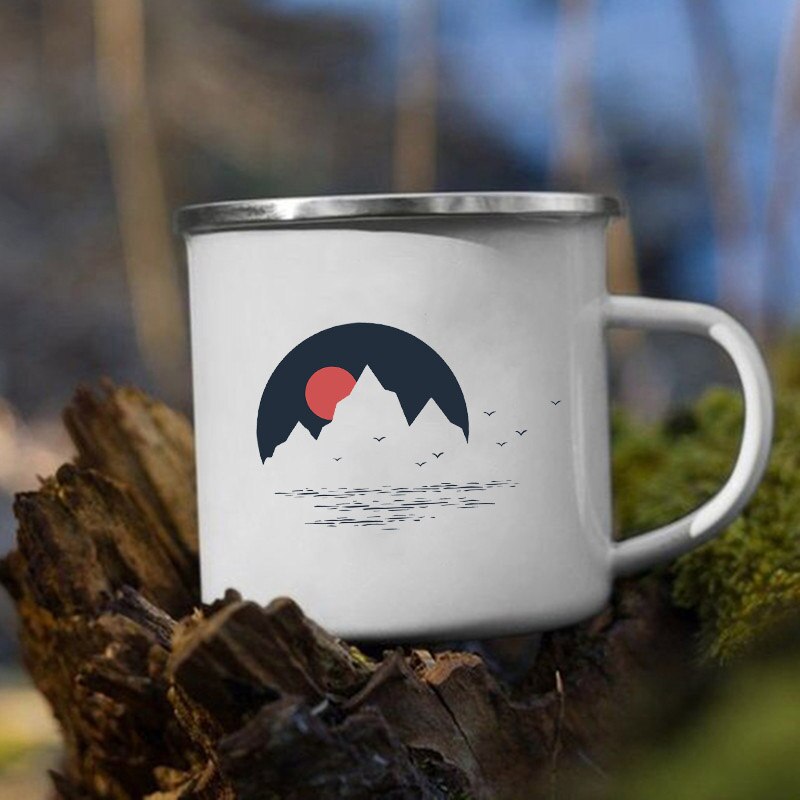 The Mountain Are Waiting Print Enamel Mug Creative Camping Coffee Tea Water Milk Cup Mugs Handle Drinkware Vacation Hiking Gift K222 Store