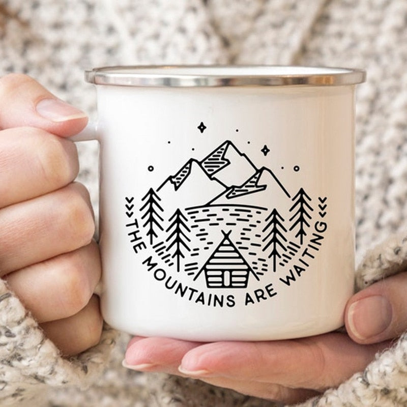 The Mountain Are Waiting Print Enamel Mug Creative Camping Coffee Tea Water Milk Cup Mugs Handle Drinkware Vacation Hiking Gift K222 Store