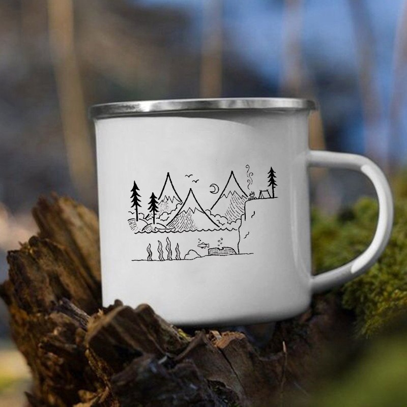 The Mountain Are Waiting Print Enamel Mug Creative Camping Coffee Tea Water Milk Cup Mugs Handle Drinkware Vacation Hiking Gift K222 Store