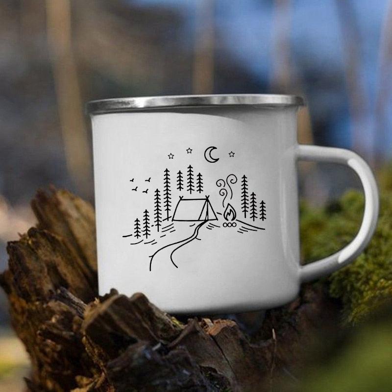 The Mountain Are Waiting Print Enamel Mug Creative Camping Coffee Tea Water Milk Cup Mugs Handle Drinkware Vacation Hiking Gift K222 Store