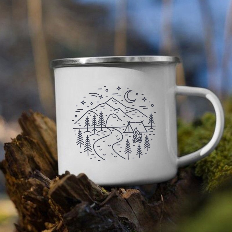 The Mountain Are Waiting Print Enamel Mug Creative Camping Coffee Tea Water Milk Cup Mugs Handle Drinkware Vacation Hiking Gift K222 Store